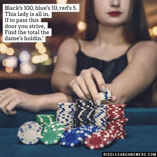 黑色是100,蓝色是10,红色是5。这位女士非常投入。如果你想要通过这扇门,就去找那妇人手里的钱。”