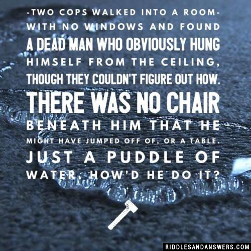 两名警察走进一间没有窗户的房间，发现一名死者显然是从天花板上吊自杀的，尽管他们不知道是怎么回事。他身下没有可以让他跳下去的椅子，也没有桌子。只是一滩水。他是怎么做到的?
