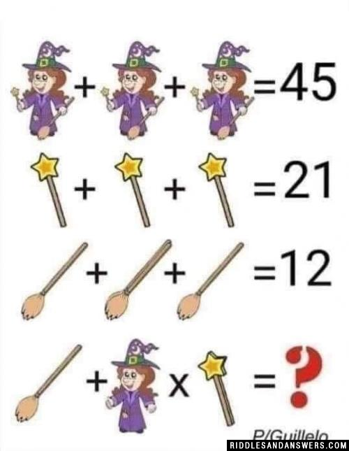 3个带魔杖和扫帚的女巫= 45个3根魔杖= 21个3把扫帚= 12你能找到缺失的方程式吗?